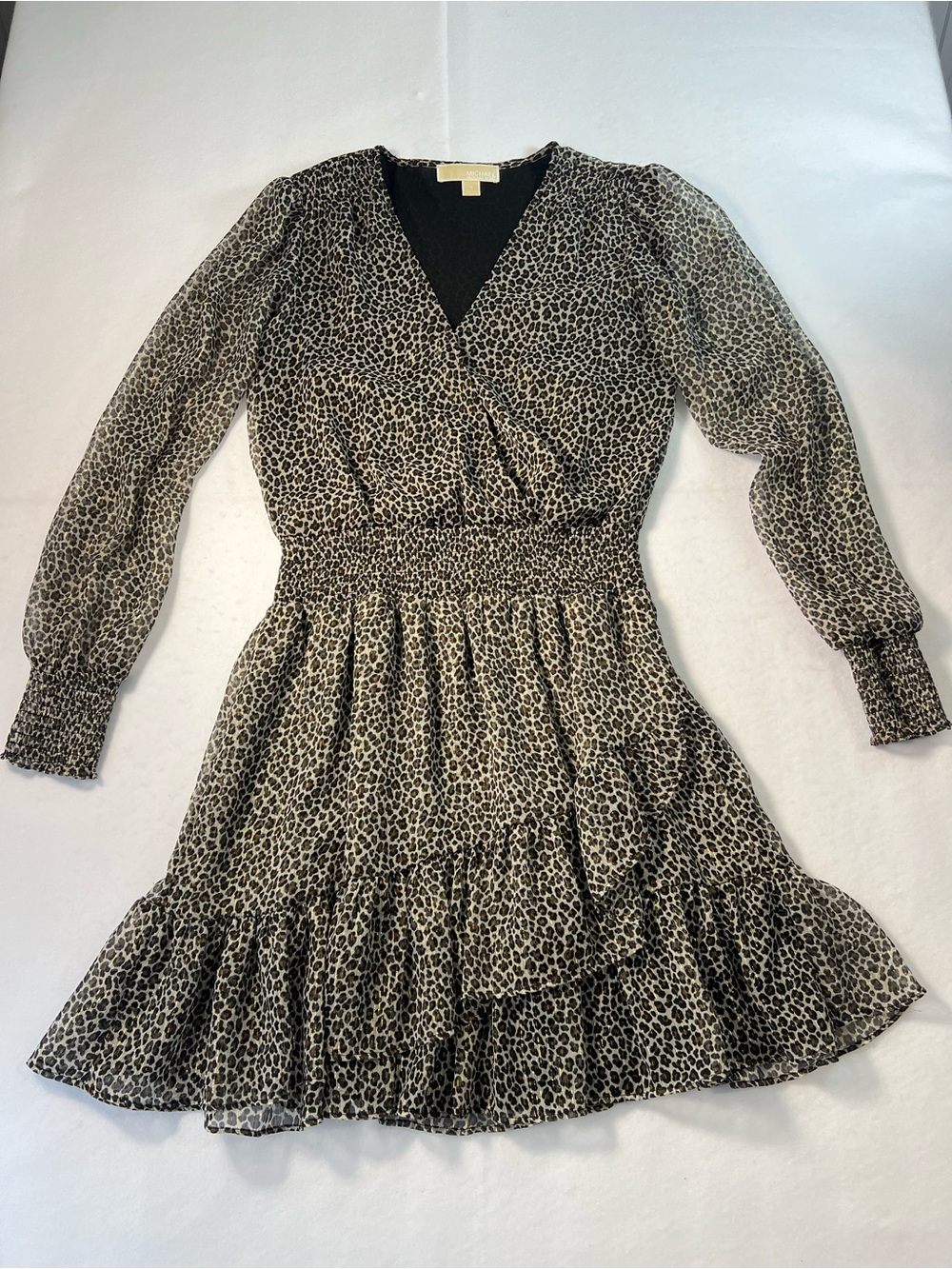 Michael Kors Womens Leopard V-Neck Ruffled Smoked Fit Flare Dress Sz S Metallic